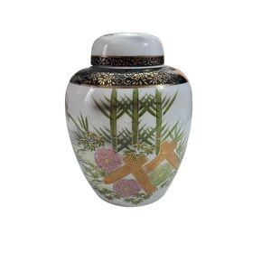 Vintage Japan Ceramic Ginger Jar Canister & Lid Bamboo Birds Floral Multicolored